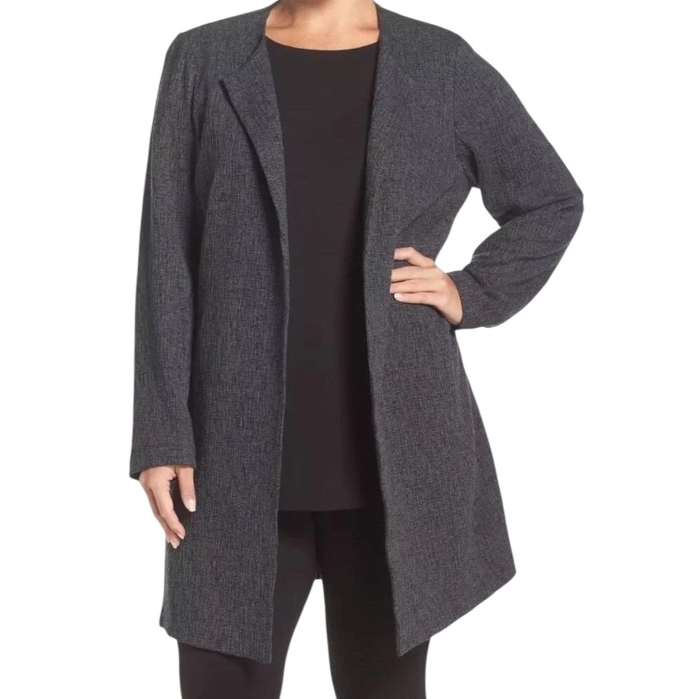 Eileen Fisher Crosshatch Jacquard Long Cardigan Jacket Size XS Nuetral Lagenlook